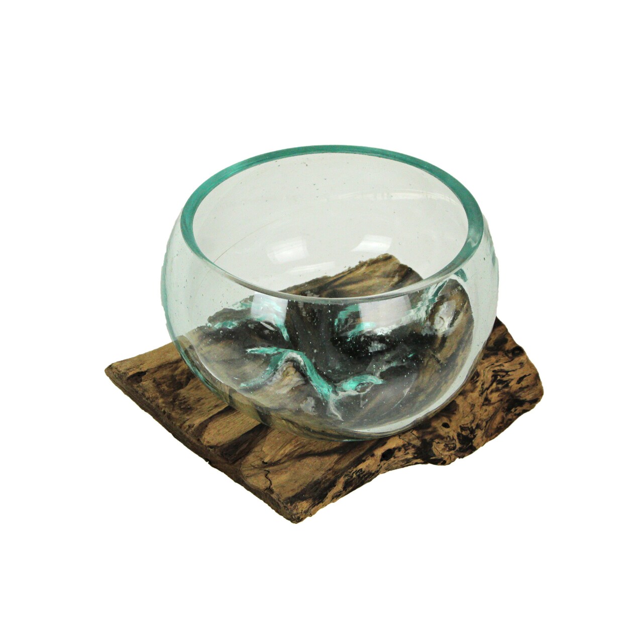 Medium Wide Molten Glass on Teak Driftwood Sculptural Vase and Bowl